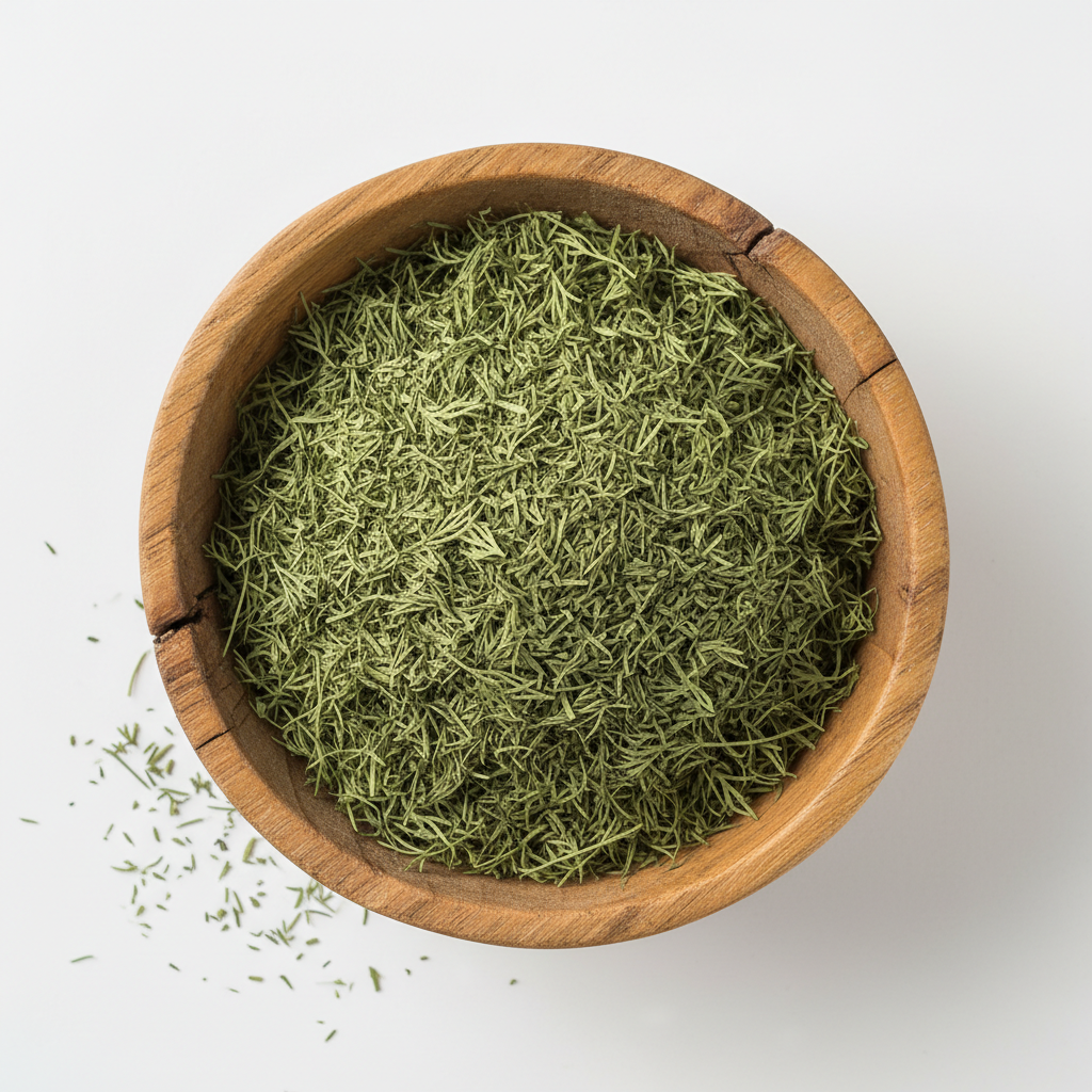 Dried Dill in wooden bowl with white background, photo size is 556px in 556 px