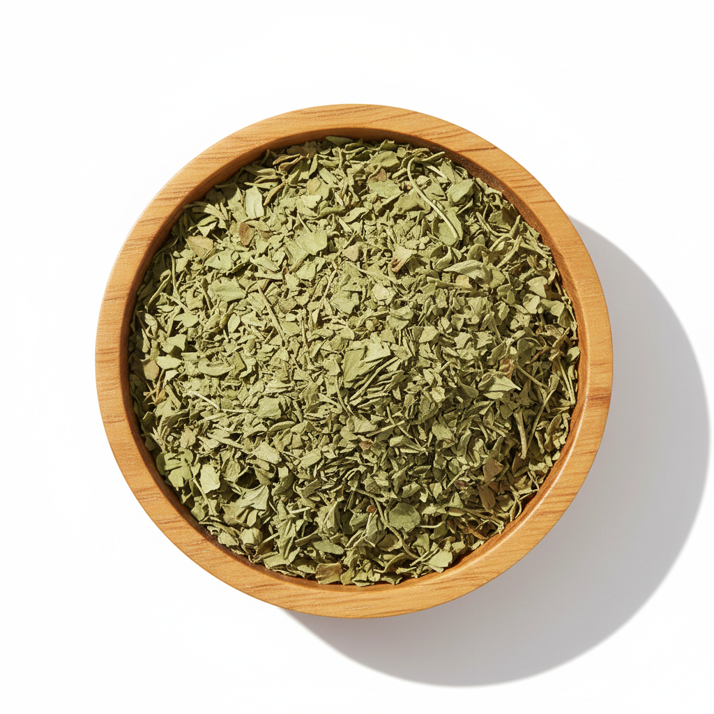 Dried Fenugreek laeves in wooden circle bowl with white background, photo size is 556px in 556 px