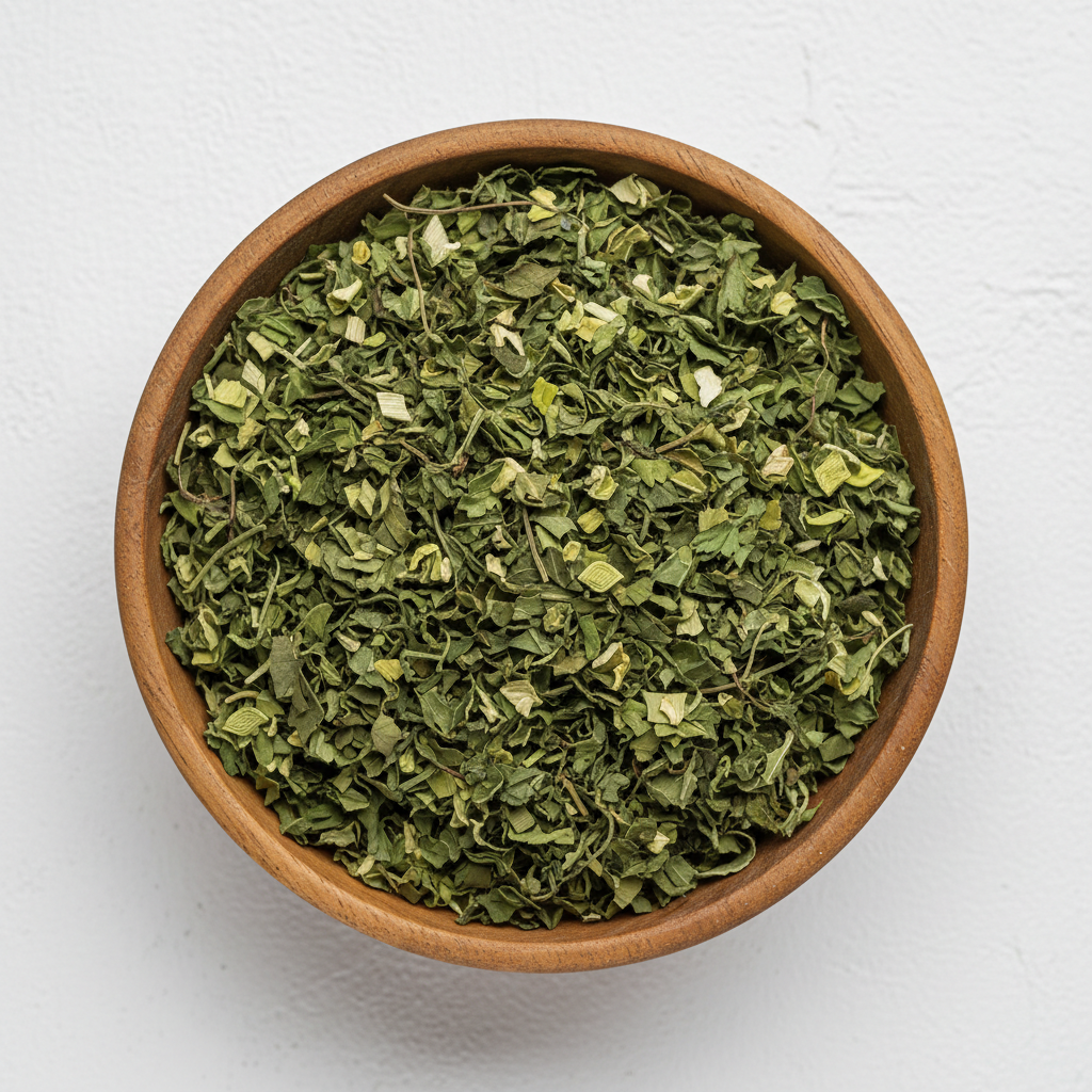 Mixed Dried Vegetables(Ghormeh Sabzi) in wooden bowl with white background